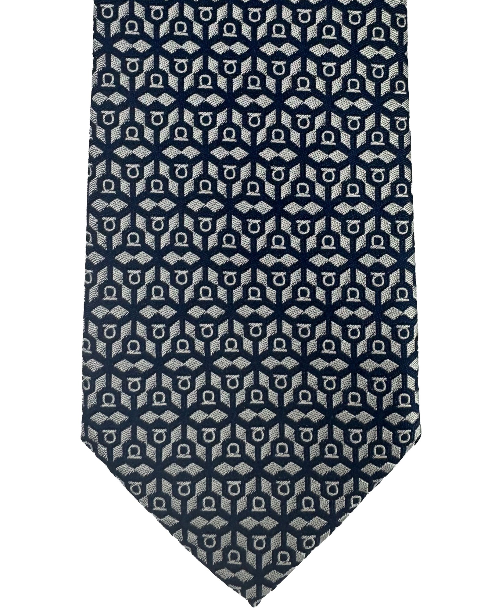 Salvatore Ferragamo Tie Midnight Blue Gray Gancini Pattern