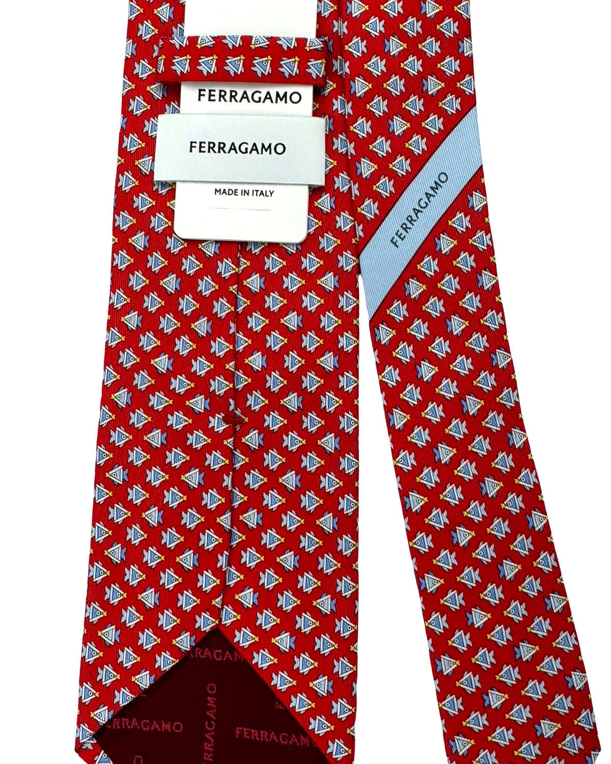 Ferragamo Tie Red Fish Design Genuine