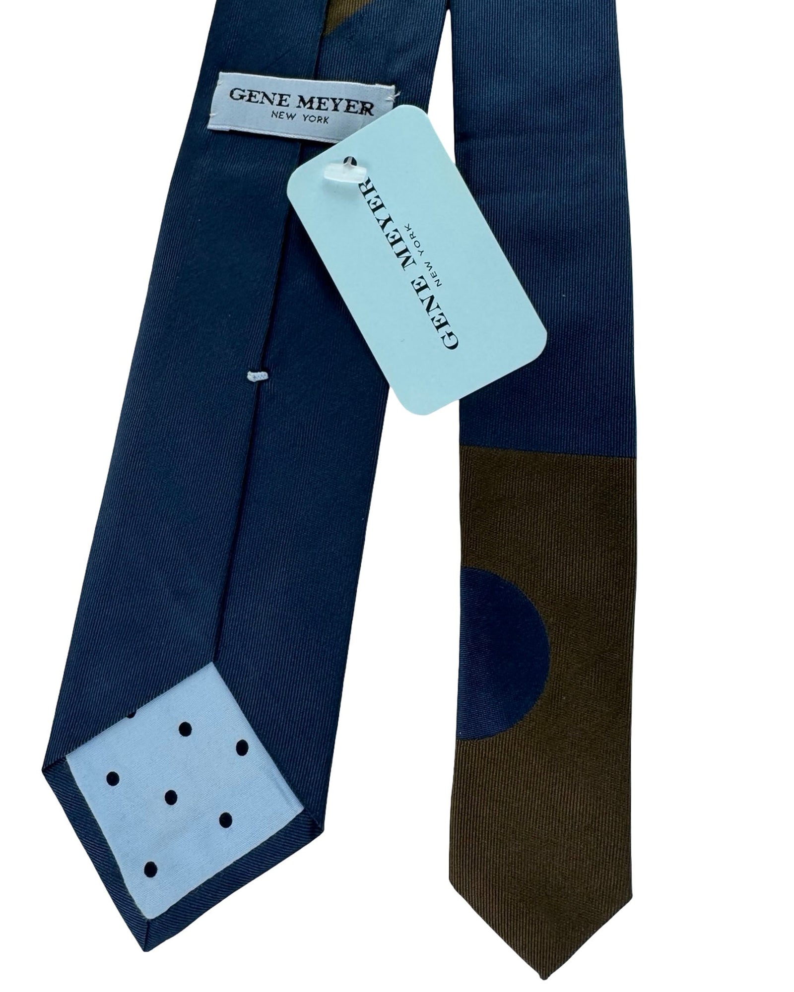 Gene Meyer Tie Brown and Dark Blue with Circular Accent- Hand Made In Italy