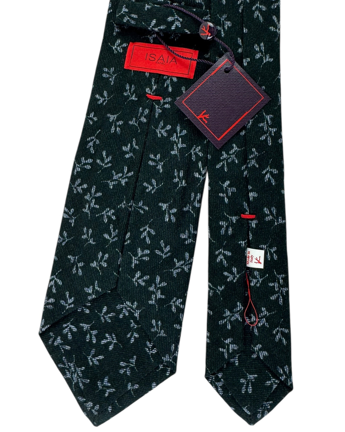Isaia Wool Tie Dark Green Gray Leafs Design