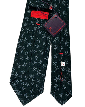 Isaia Wool Tie Dark Green Gray Leafs Design