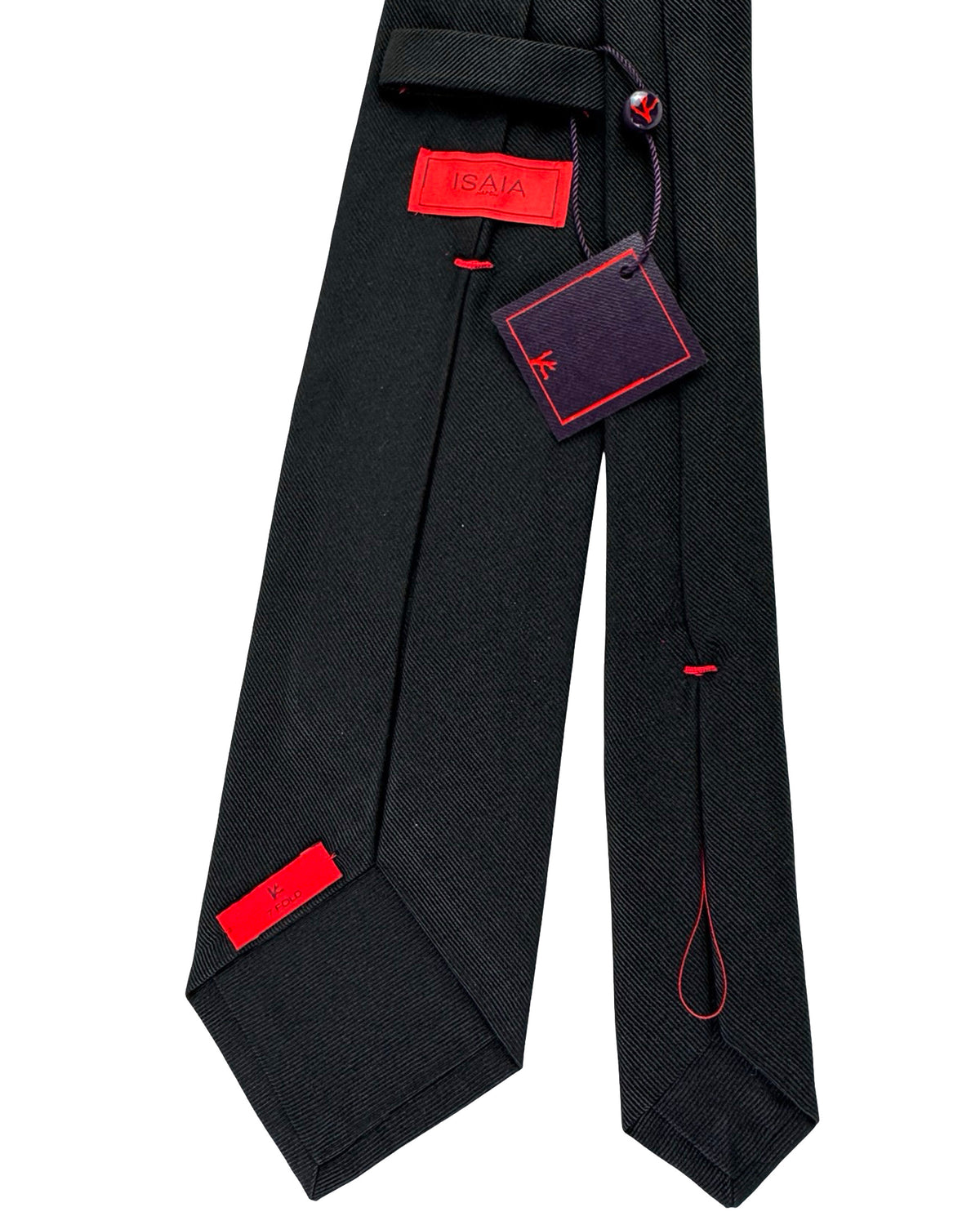 Isaia Sevenfold Tie Solid Black Grosgrain