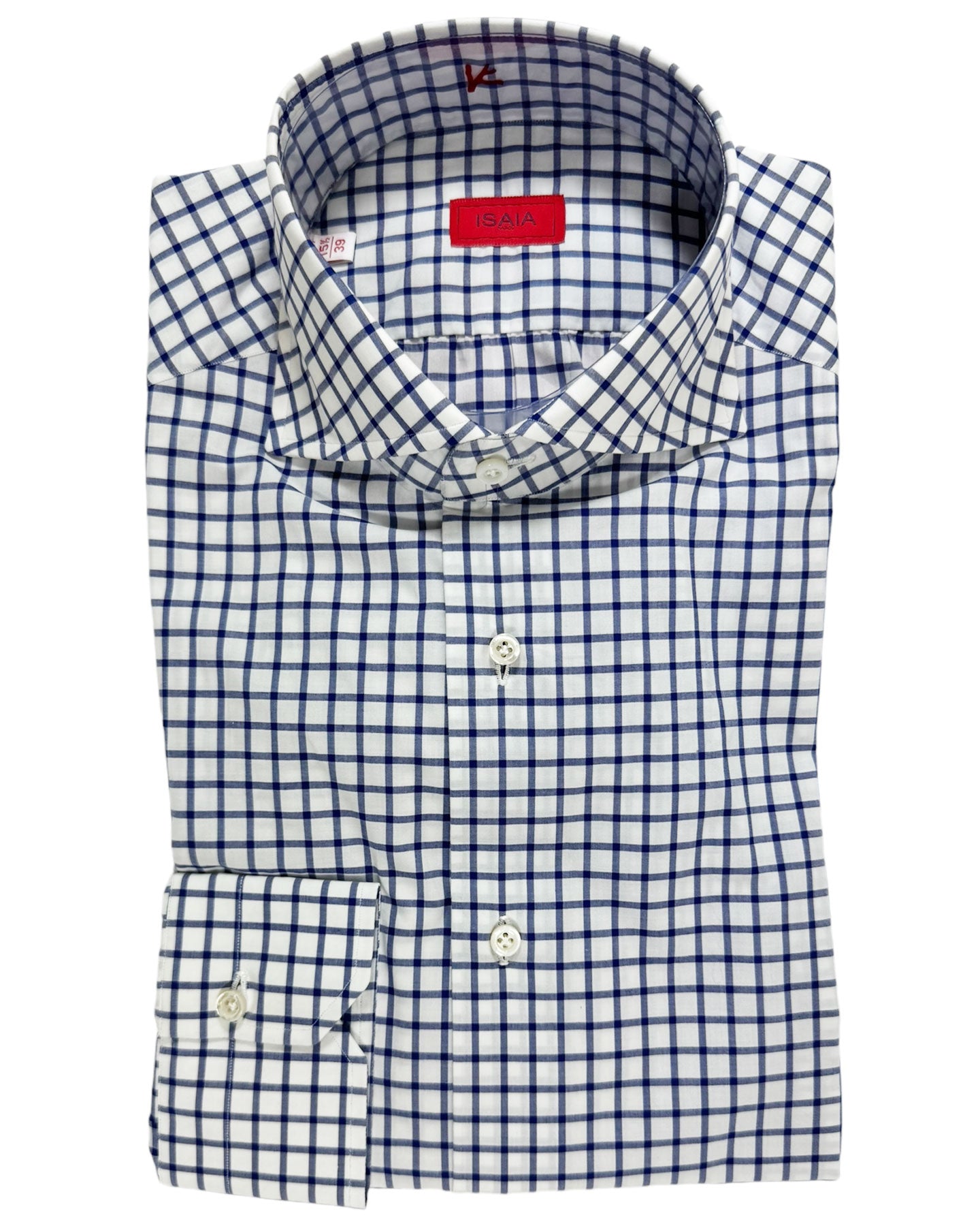 Isaia Dress Shirt White Dark Blue Check 
