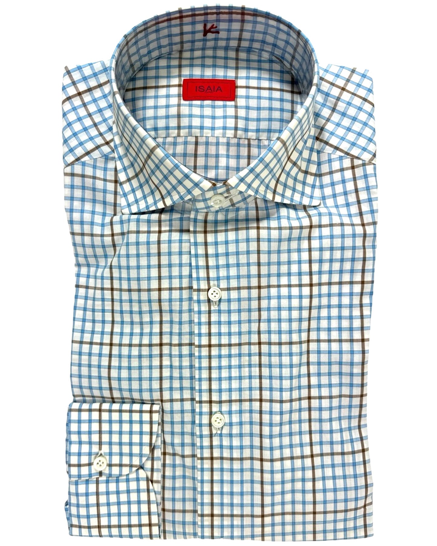 Isaia Shirt White Blue Brown Check 39 - 15 1/2 Regular Fit