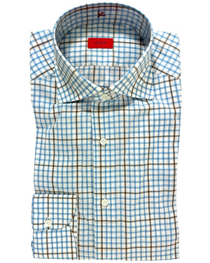 Isaia Shirt White Blue Brown Check 39 - 15 1/2 Regular Fit