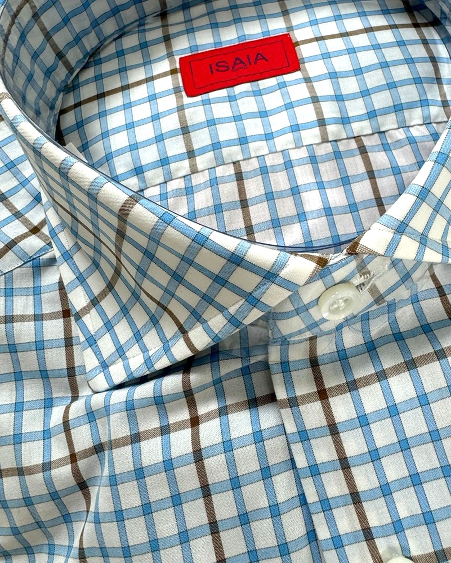 Isaia Shirt White Blue Brown Check 39 - 15 1/2 Regular Fit