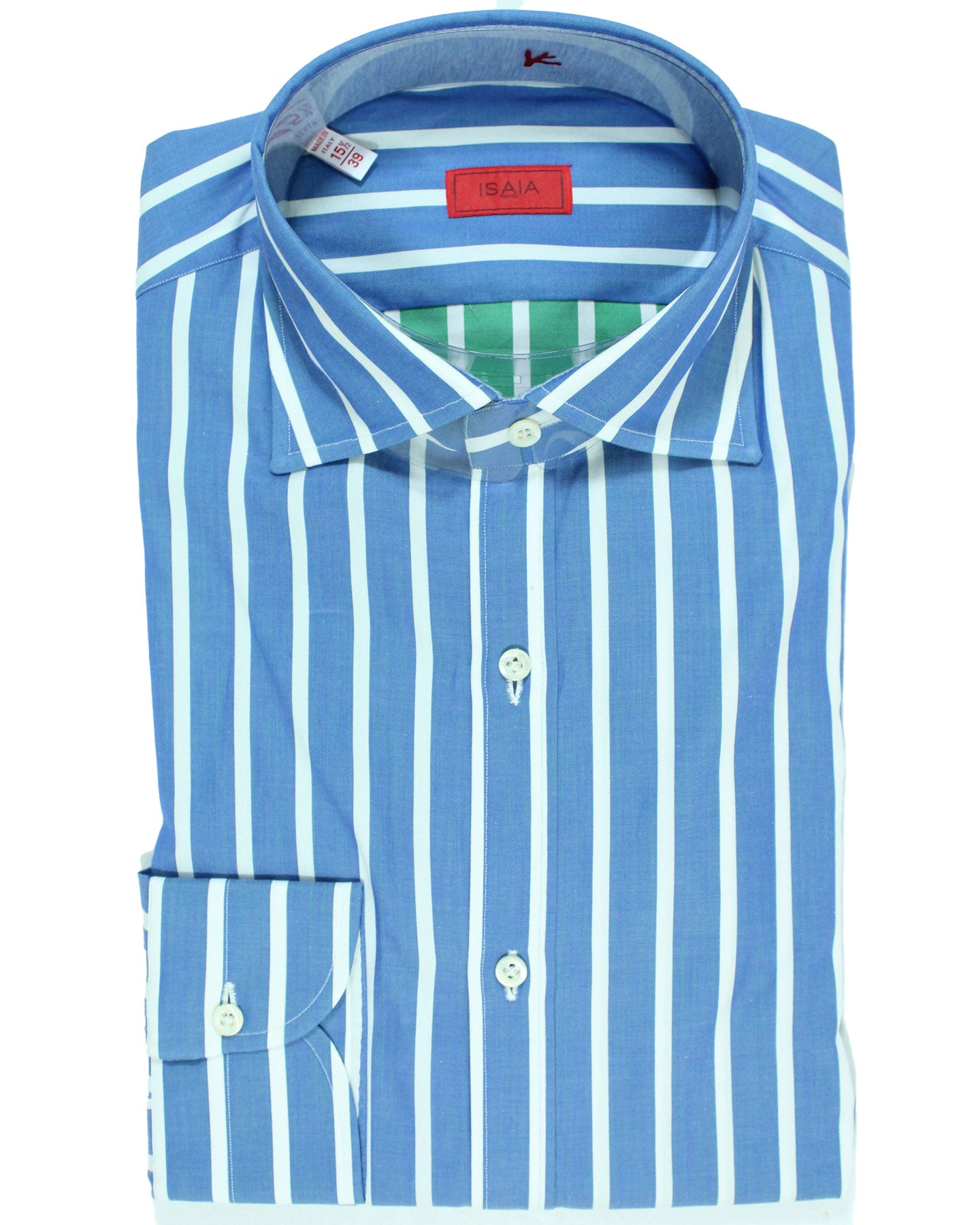 Isaia Dress Shirt Navy White Stripes 39 - 15 1/2 Regular Fit