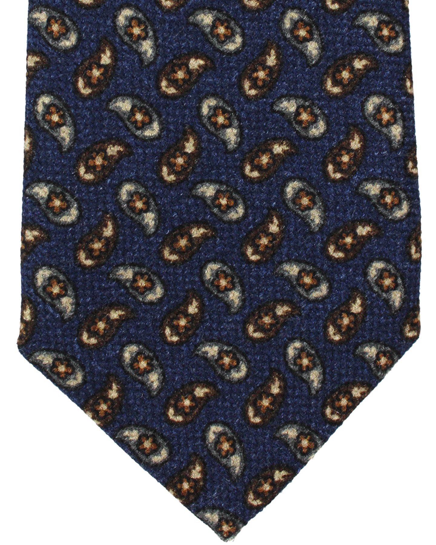 Isaia Tie Navy Brown Gray Paisley Design - Sartorial Wool Silk Tie