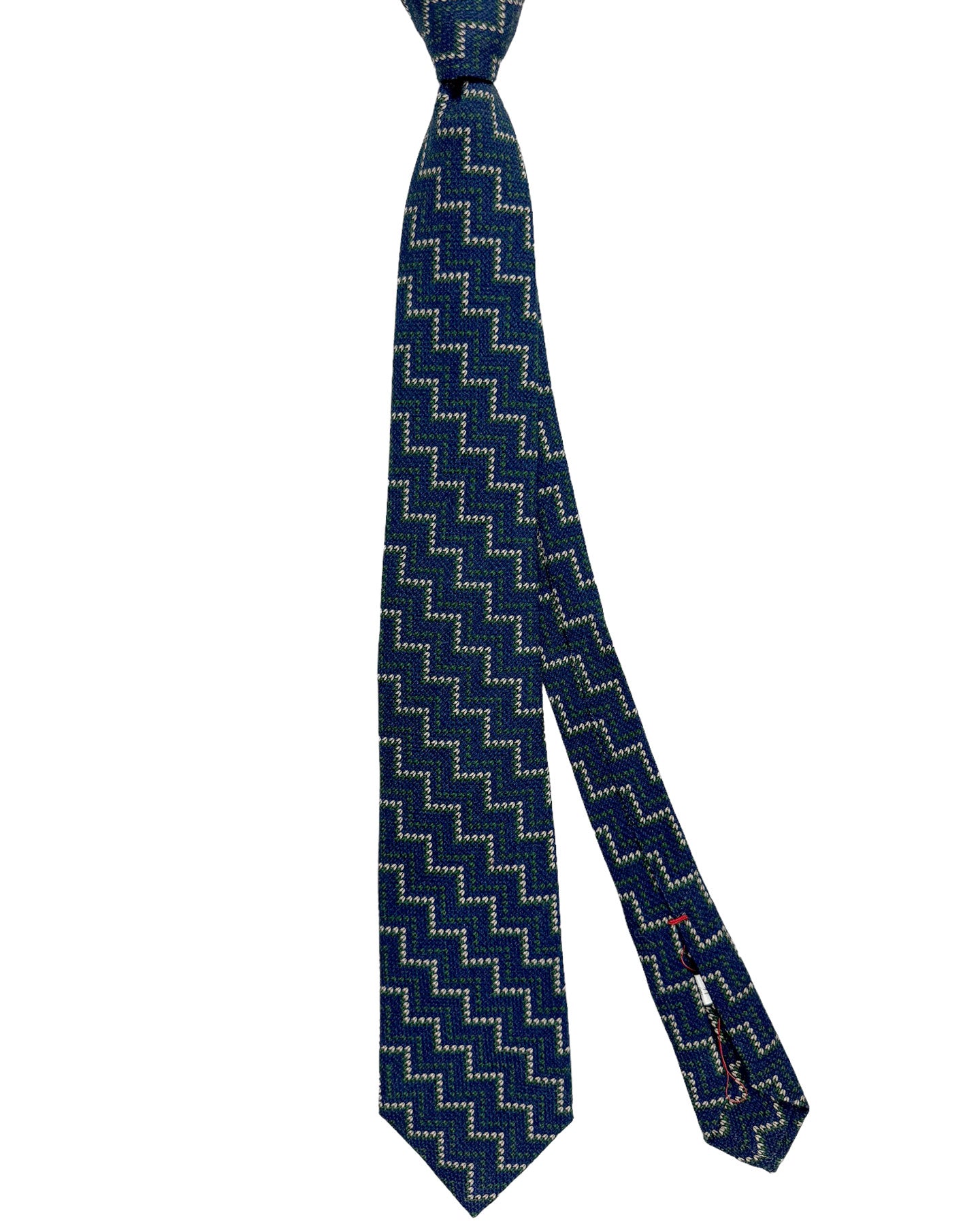 Isaia Tie Navy Green Zig Zag Design - Sevenfold Linen Silk Necktie