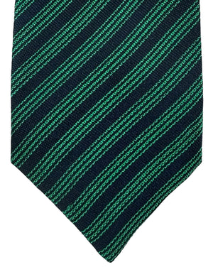 Isaia Tie Dark Blue Green Stripes Design - Sevenfold Silk Necktie