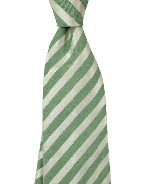 Isaia Sevenfold Tie Green White-Silver Stripes Design - Cotton Silk SALE