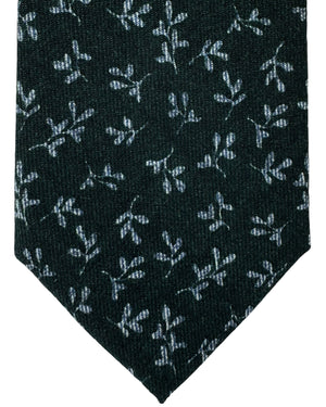 Isaia Tie Dark Green Gray Leaves Design - Sevenfold Wool Necktie