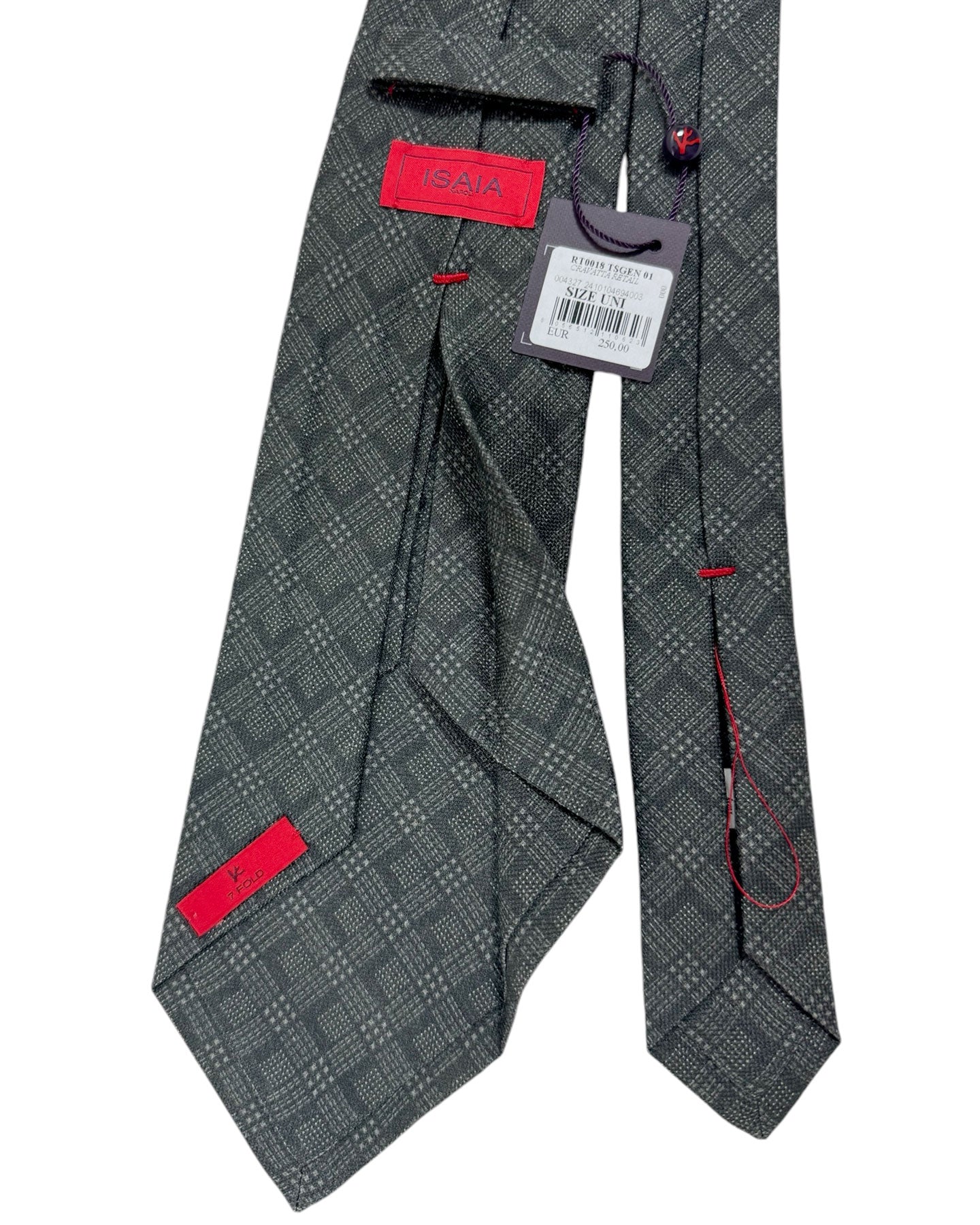 Isaia Sevenfold Tie Gray Gingham Design - Wool Silk Necktie