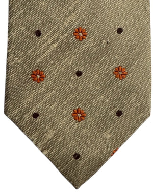 Kiton Sevenfold Tie Sage Green With Orange Floral Accents