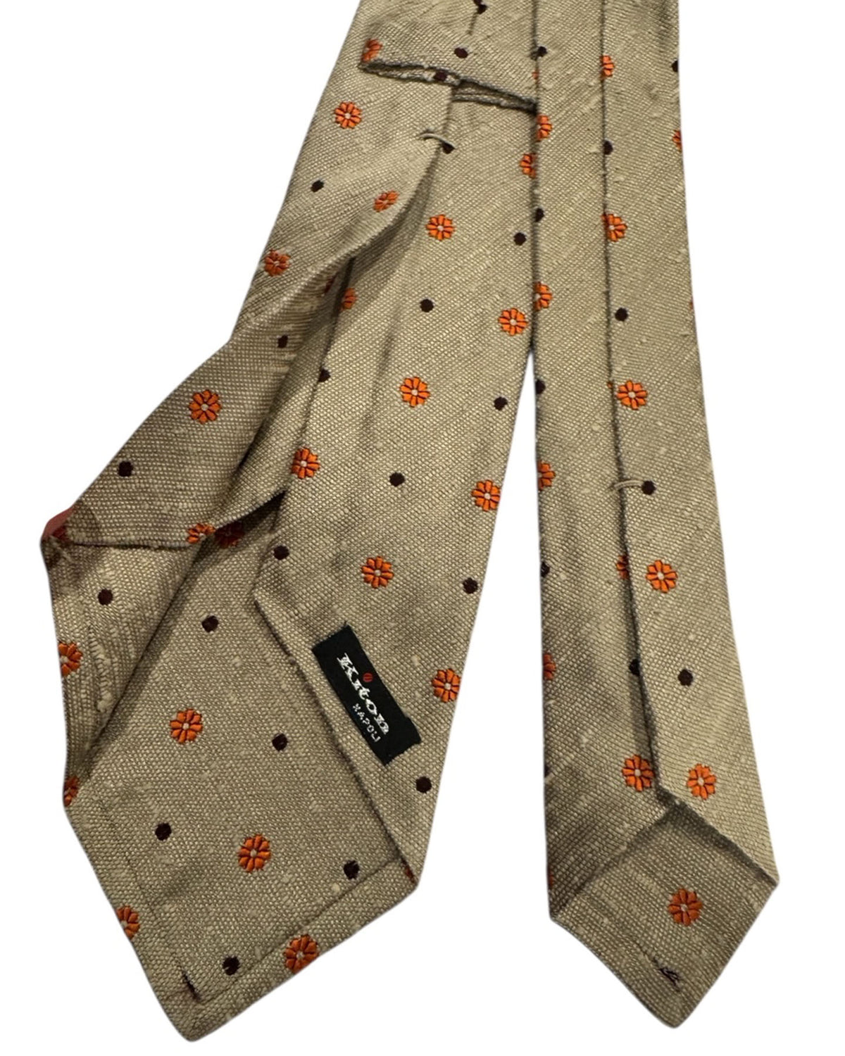 Kiton Sevenfold Tie Sage Green With Orange Floral Accents