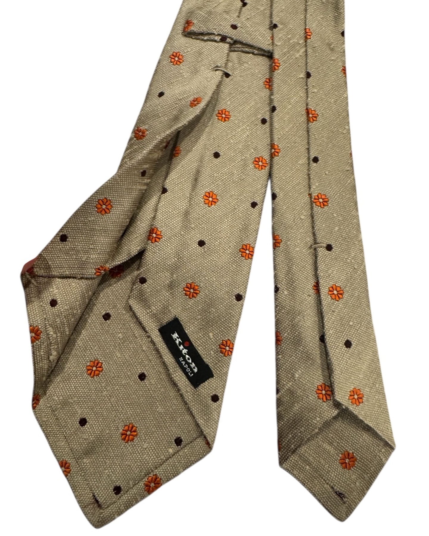 Kiton Sevenfold Tie Tan Gray With Orange Mini Flowers
