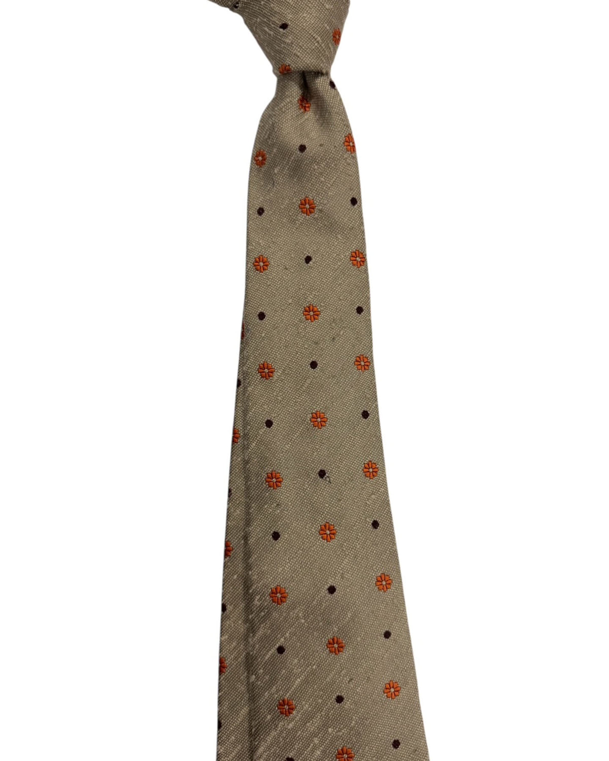 Kiton Sevenfold Tie Sage Green With Orange Floral Accents