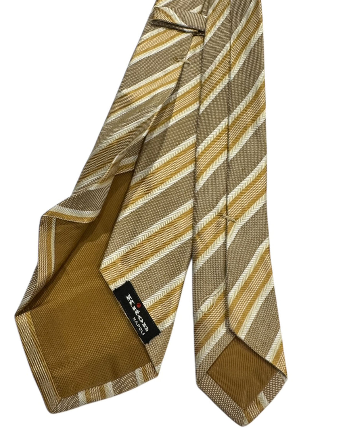 Kiton Sevenfold Tie Gold And Beige Textured Stripe