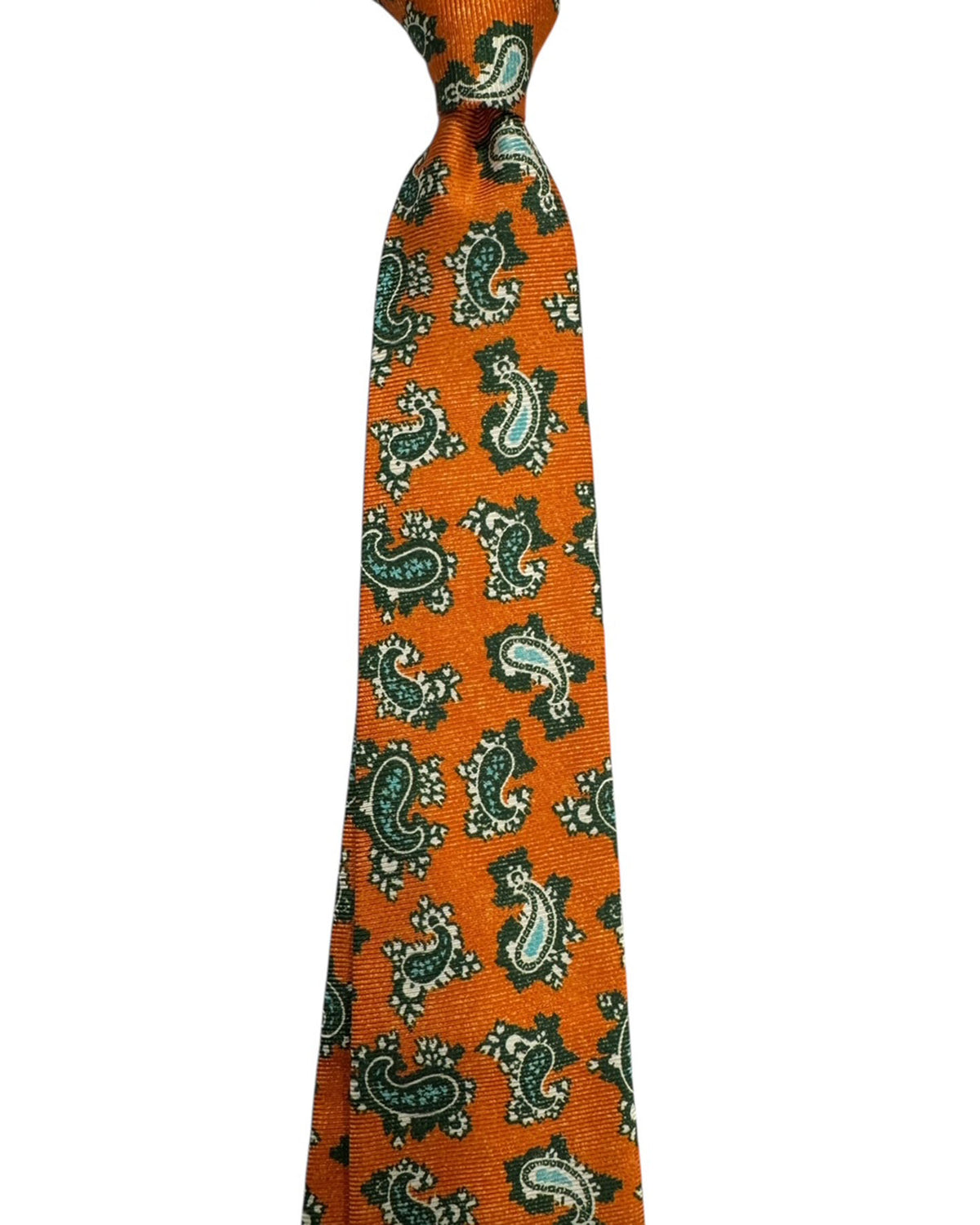 Kiton Sevenfold Tie Orange With Green Paisley Pattern