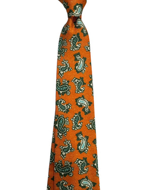 Kiton Sevenfold Tie Orange With Green Paisley Pattern