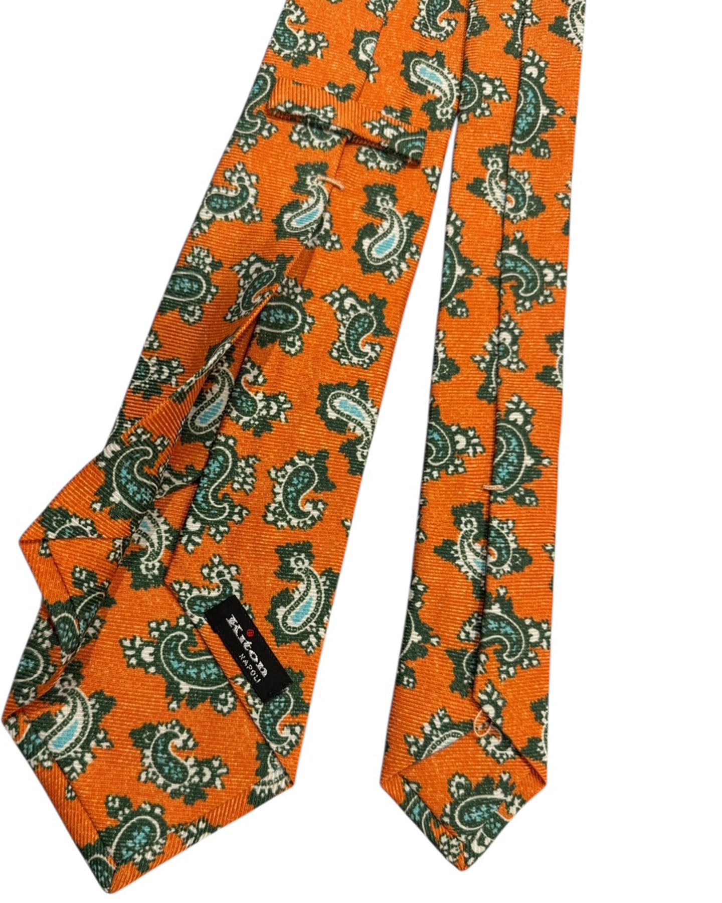 Kiton Sevenfold Tie Orange With Green Paisley Pattern