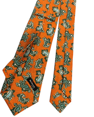 Kiton Sevenfold Tie Orange With Green Paisley Pattern