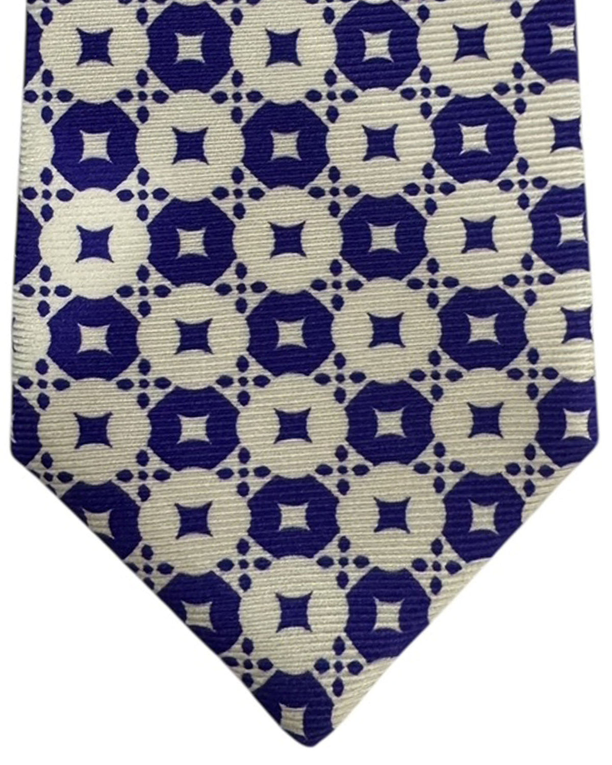 Kiton Sevenfold Tie Navy Blue And Cream Geometric Circle Pattern
