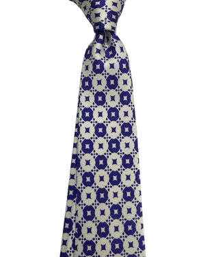 Kiton Sevenfold Tie Navy Blue And Cream Geometric Circle Pattern