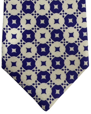 Kiton Sevenfold Tie Navy Blue And Cream Geometric Circle Pattern