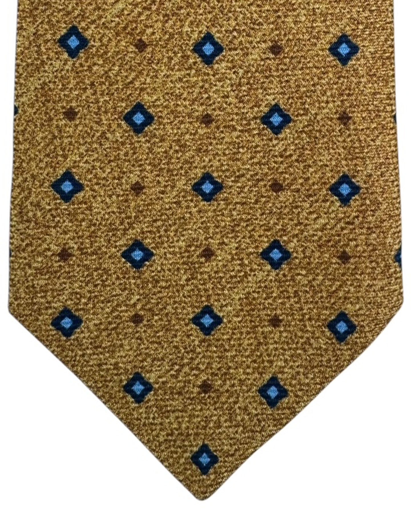 Kiton Sevenfold Tie Gold With Blue Diamond Foulard Pattern