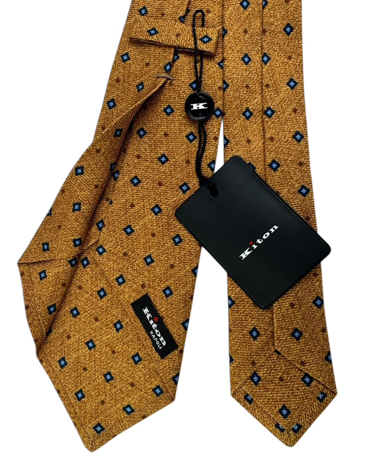 Kiton Sevenfold Tie Gold With Blue Diamond Foulard Pattern