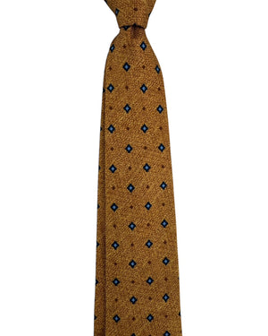 Kiton Sevenfold Tie Gold With Blue Diamond Foulard Pattern