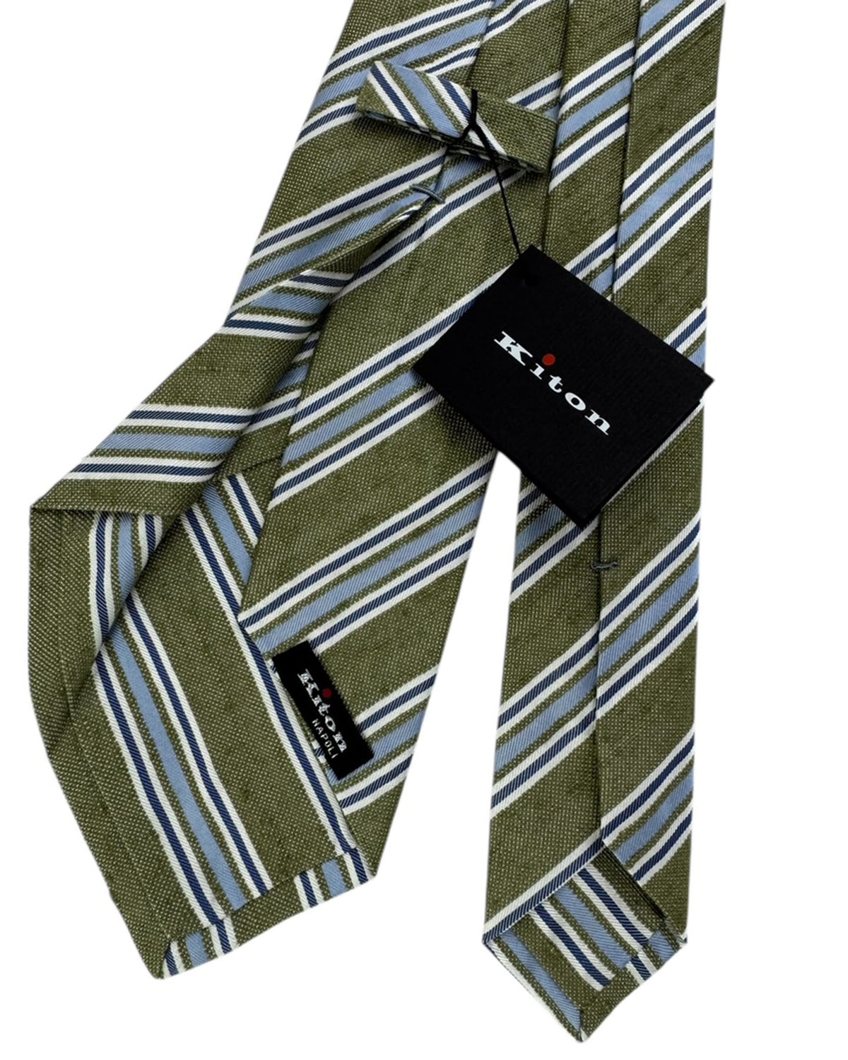 Kiton Sevenfold Tie  Olive Green With Blue Stripes
