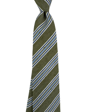 Kiton Sevenfold Tie  Olive Green With Blue Stripes