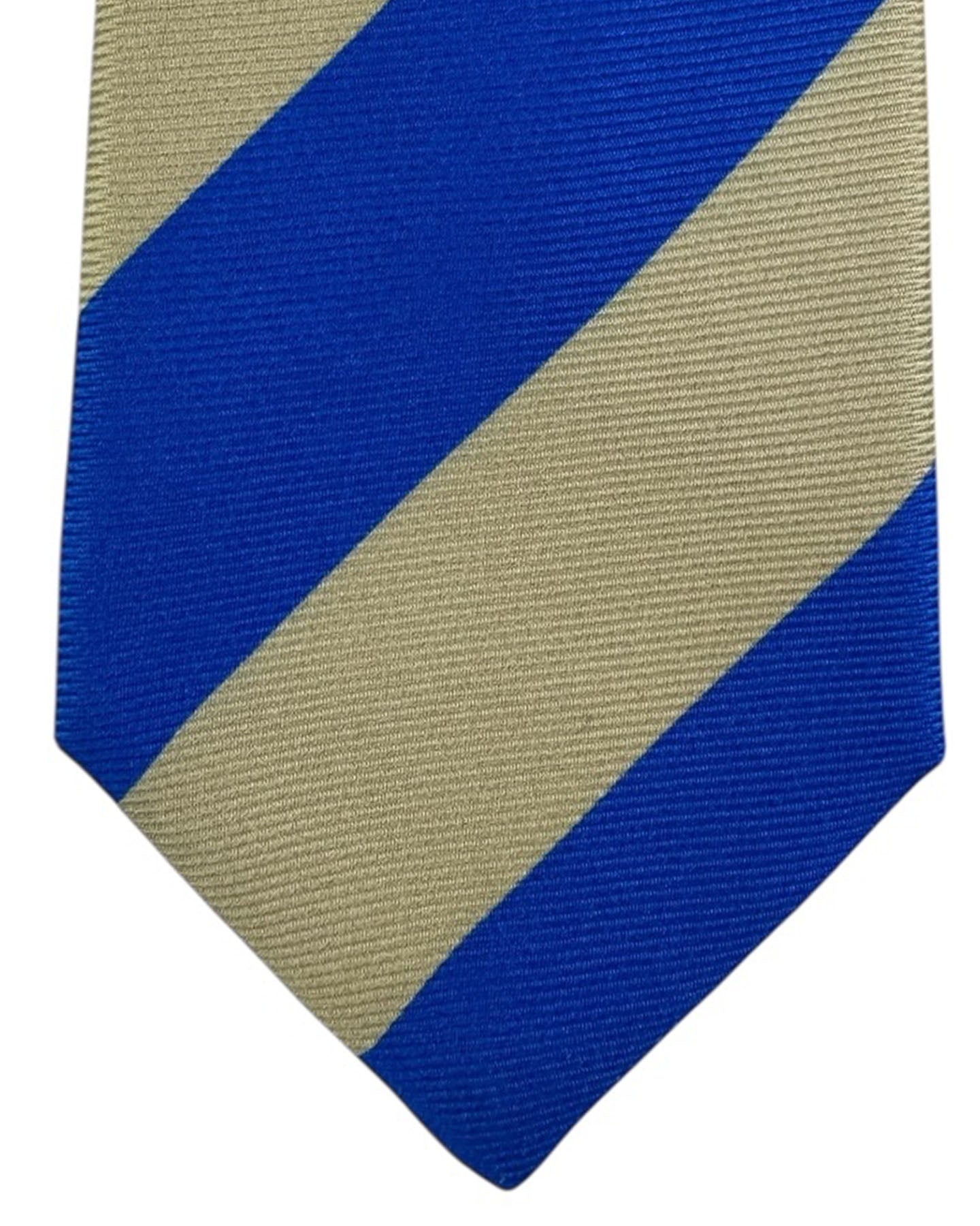 Kiton Sevenfold Tie Royal Blue And Beige Bold Stripe Tie