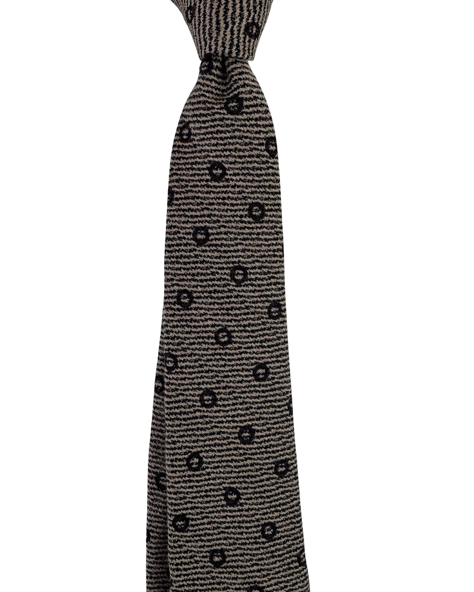 Kiton Sevenfold Tie Beige Black Circles - Wool Silk
