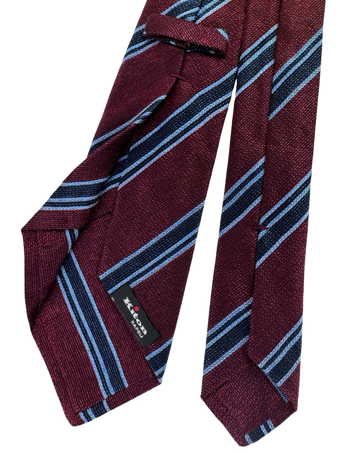 Kiton Sevenfold Tie Bordeaux With Navy And Light Blue Stripes