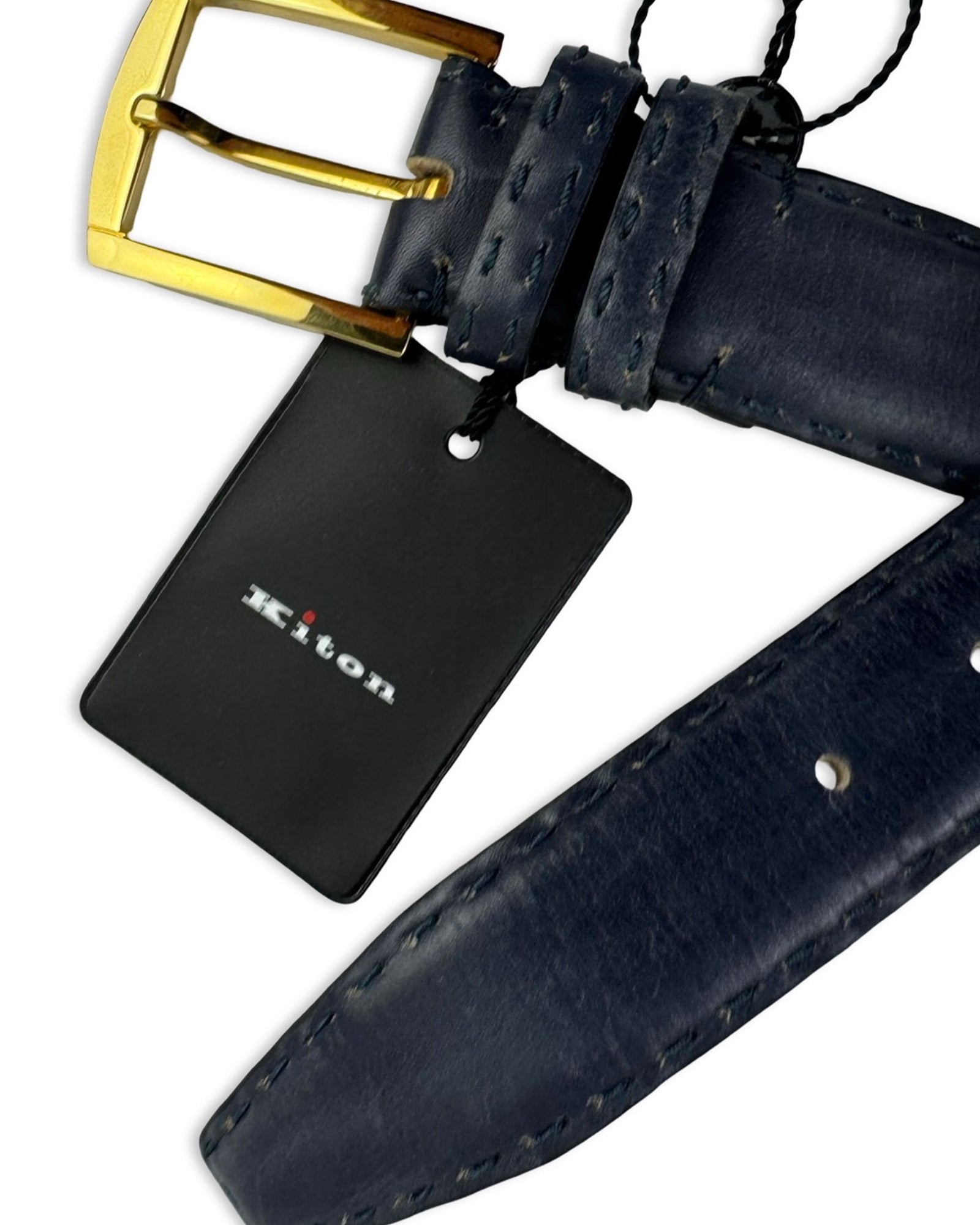 Kiton Belt Solid Dark Blue Leather Men Belt 
