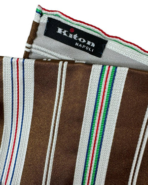 Kiton Silk Pocket Square Brown Stripes FINAL SALE