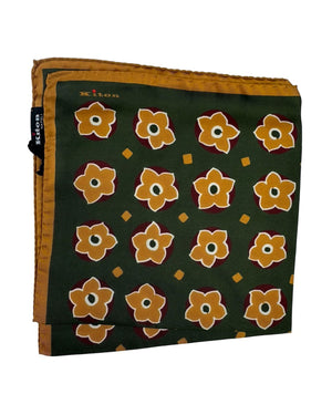 Kiton Silk Pocket Square Olive Green Brown Flowers