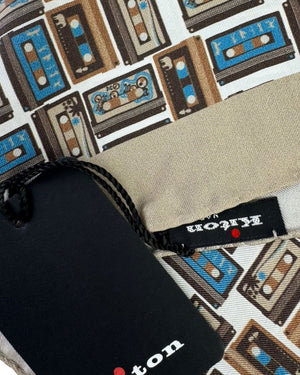 Kiton Silk Pocket Square Beige Brown Blue Cassette Tape Novelty Design