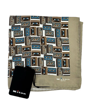 Kiton Silk Pocket Square Beige Brown Blue Cassette Tape Novelty Design