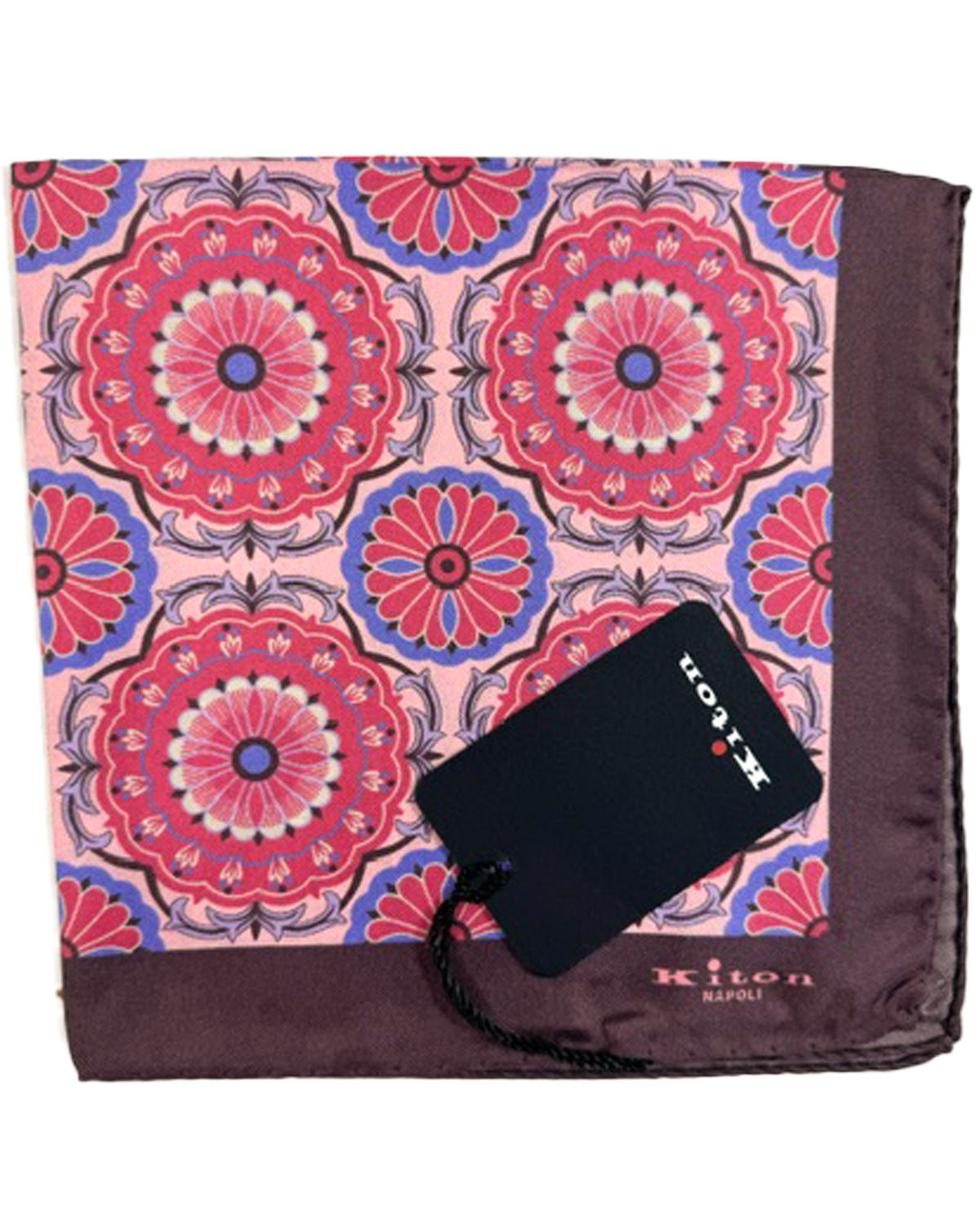 Kiton Silk Pocket Square Pink Floral Medallions