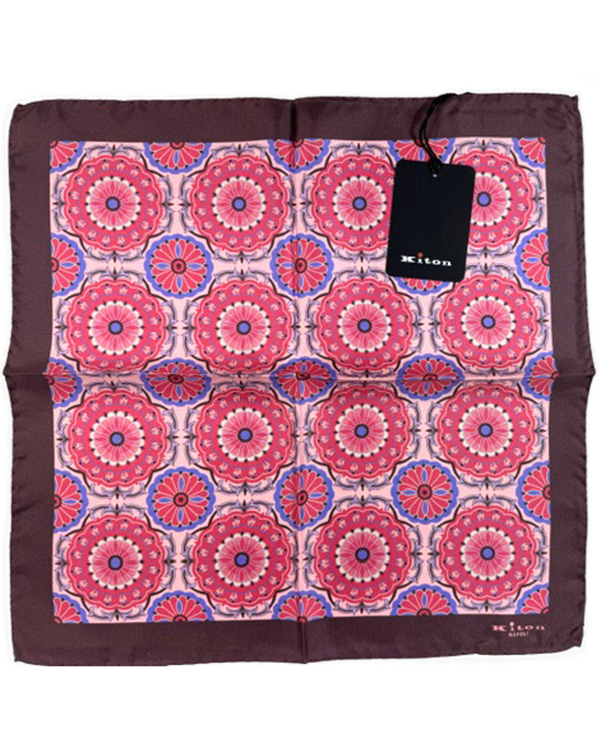 Kiton Silk Pocket Square Pink Brown Floral Medallions
