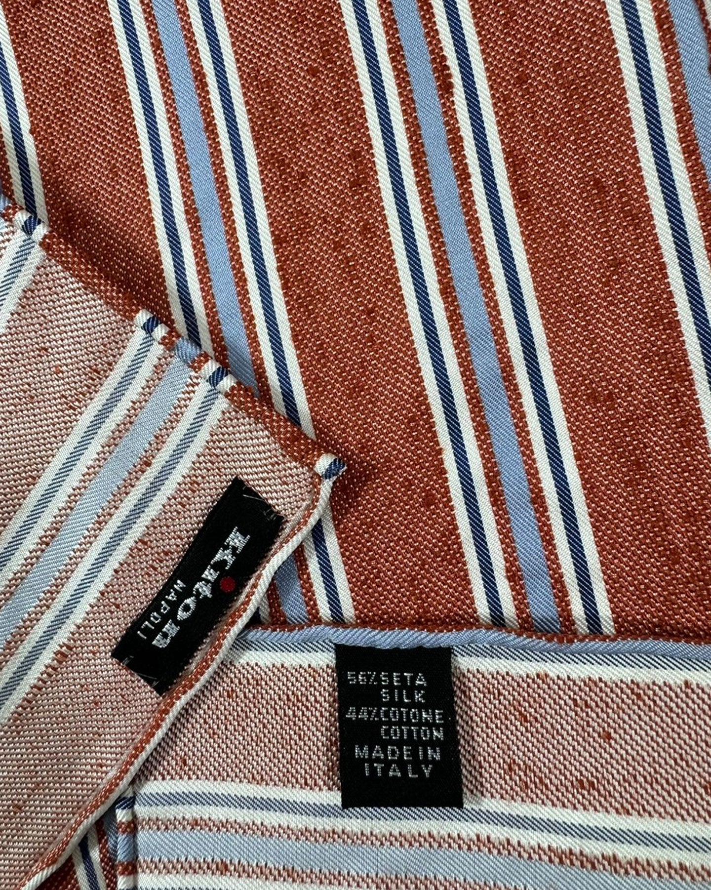 Kiton Silk Cotton Pocket Square Maroon Lilac Stripes