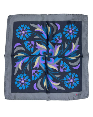 Kiton Silk Pocket Square Gray Floral Design