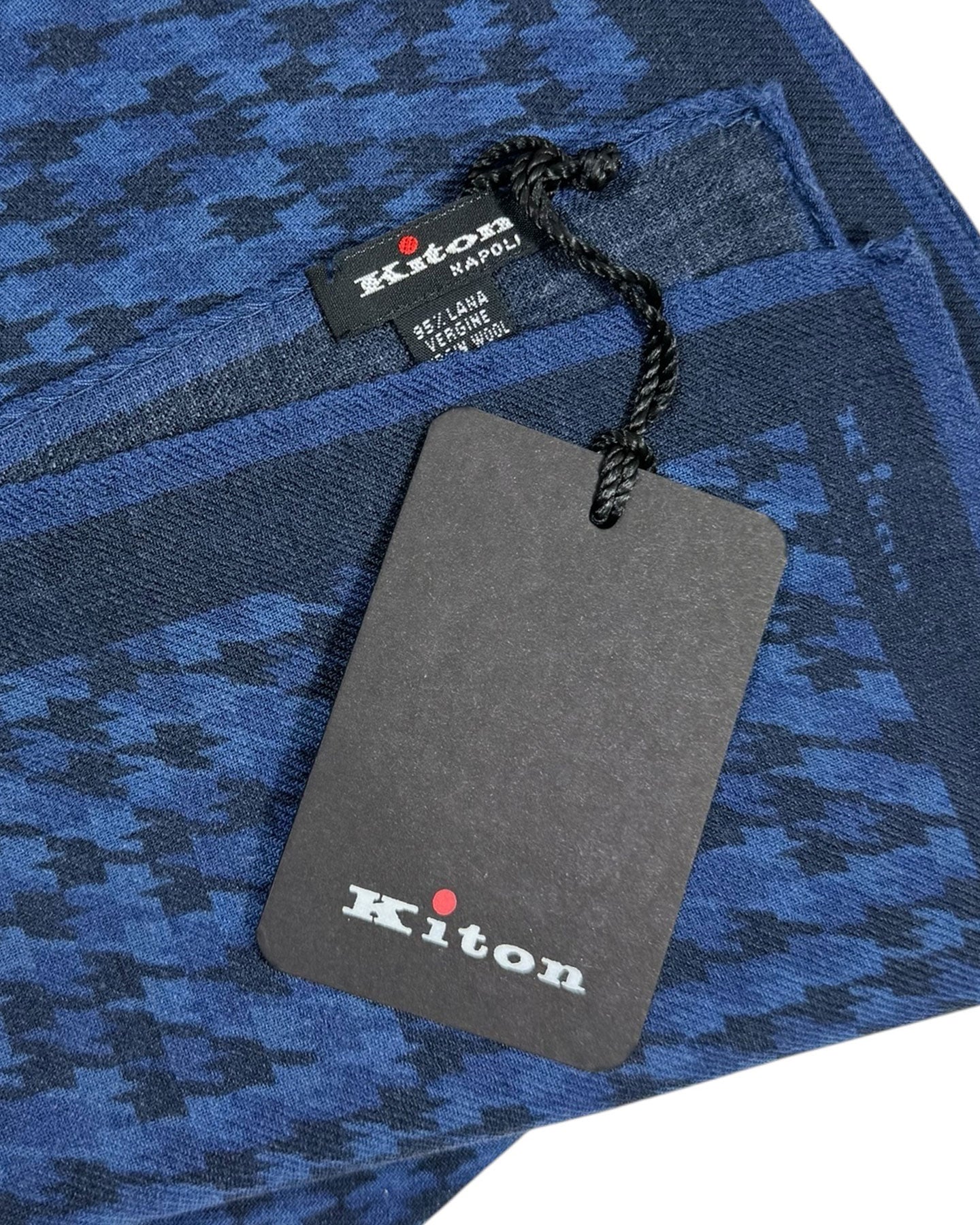 Kiton Wool Pocket Square Blue Houndstooth