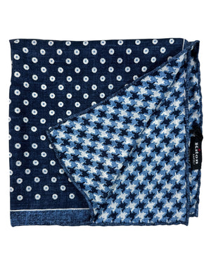 Kiton Pocket Square Navy Blue Geometric & Houndstooth Design Double Sided