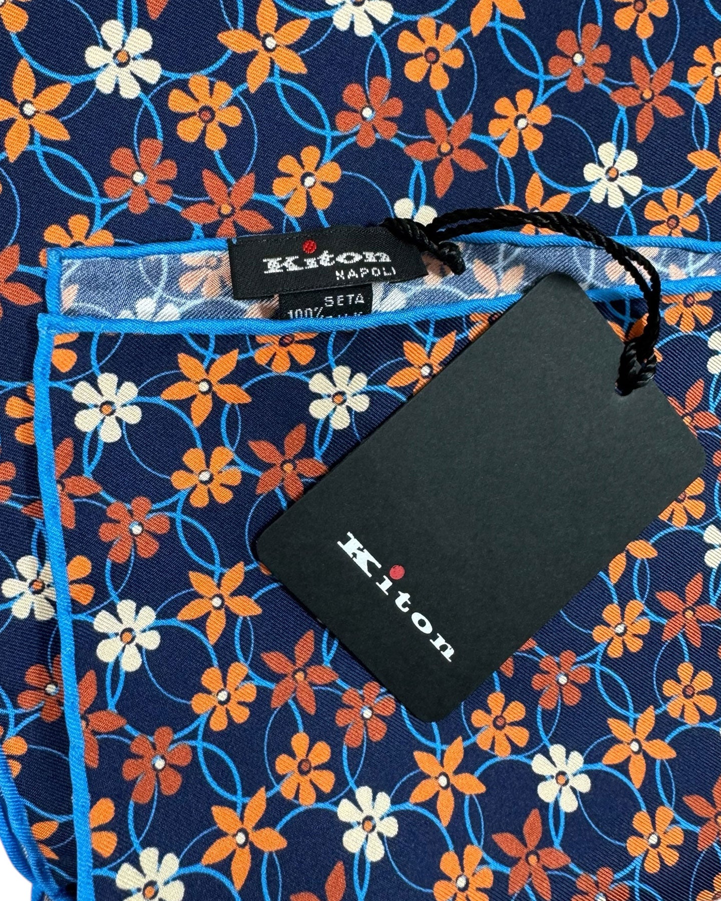 Kiton Silk Pocket Square Navy Flowers