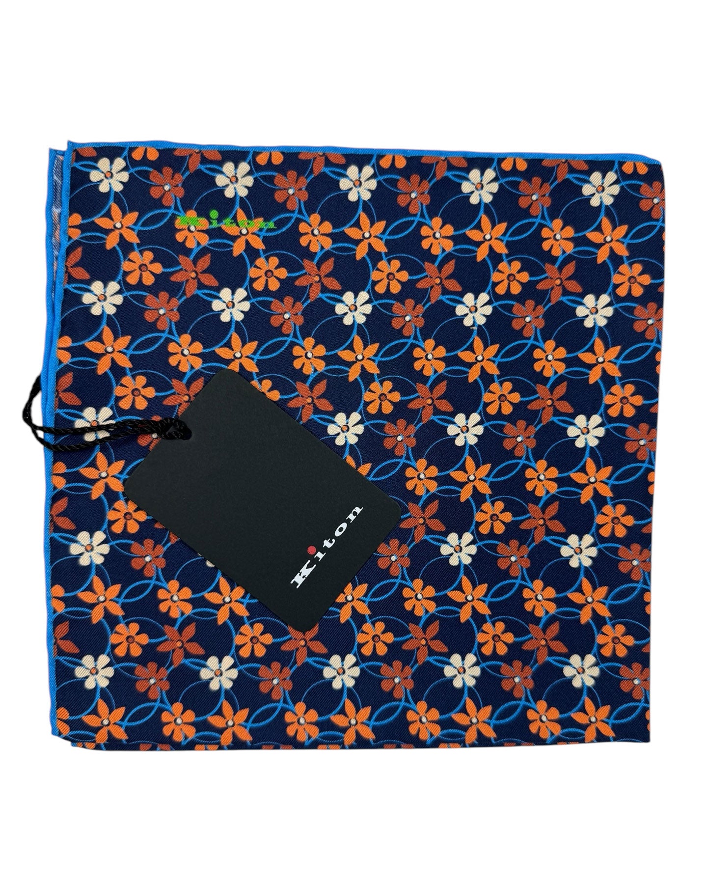 Kiton Silk Pocket Square Navy Flowers